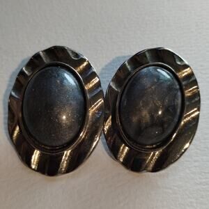 Vintage Silver and Blue Color Oval Metal Clip-On Costume Jewelry Earrings